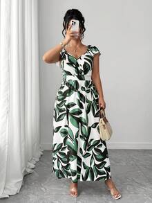Elenzga Plus Size Women Summer Cap Sleeve Vacation Floral Print Dress - Multicolor - View 7