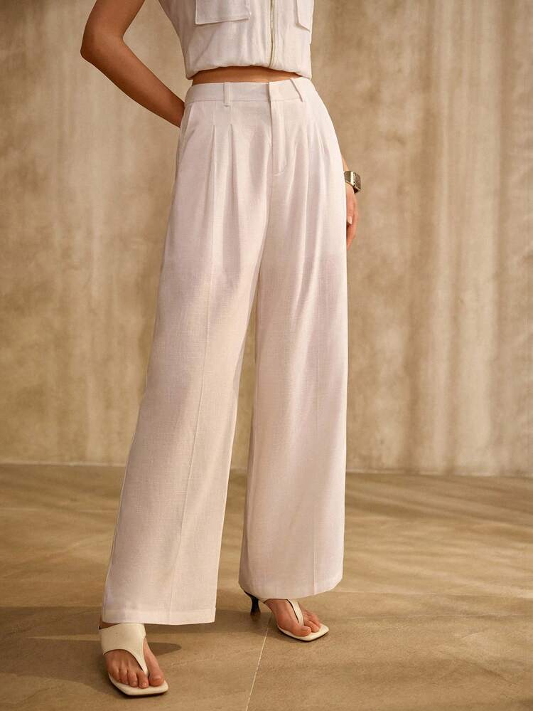 WOMEN'S WHITE FOLDED HEM LINEN BASIC ELEGANT OFFICE SUIT PANTS