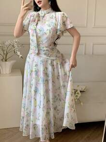 Modelyn 女士系带腰部褶皱雪纺印花喇叭连衣裙 - 彩色 - 查看 6