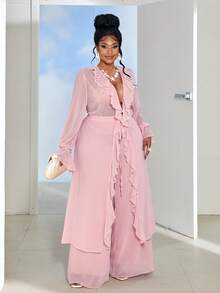 Maweii Plus Size Women Deep V-Neck Ruffle Hem Long Top And Wide Leg Pants Casual Suit Fall - Dusty Pink - View 5