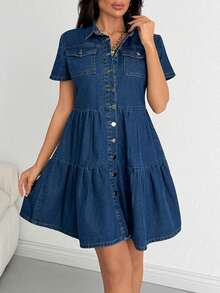 SHEIN 100% COTTON WOMAN RUFFLE DENIM DRESS - Dark Wash - View 5