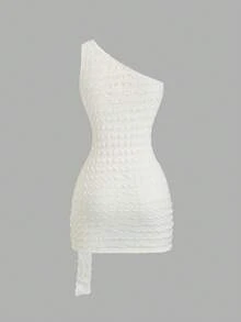 Sweetra Vestido mini ajustado de mujer con hombros abiertos, lazo y decoración de concha metálica en la cintura, de punto jacquard en color albaricoque, para primavera/verano/otoño - Albaricoque - Ver 2