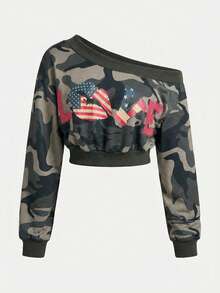 ROMWE Y2K Sexy Crop Top Oblique Shoulder Camouflage Print With Flag, Heart And Lip Graphic Sweatshirt For Women - Multicolor - View 7