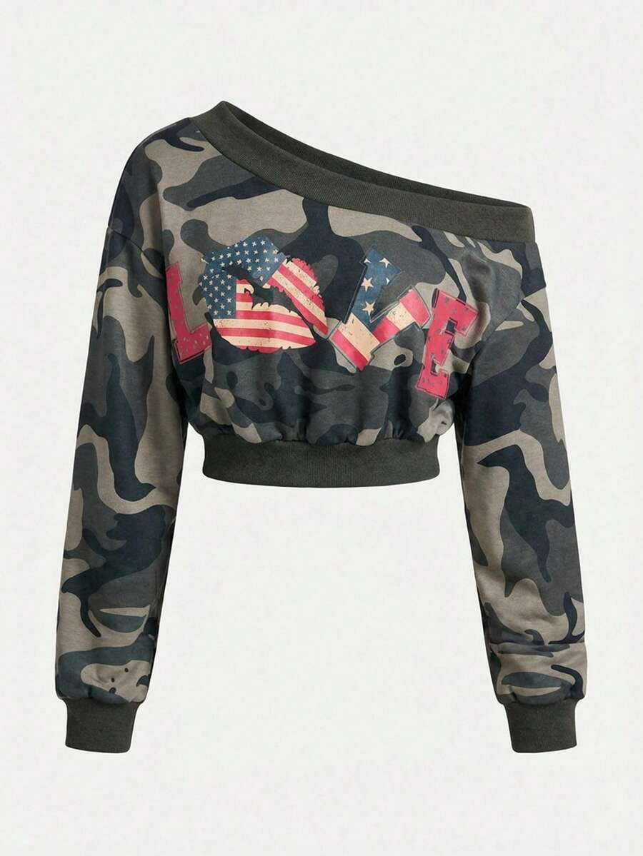 ROMWE Y2K Sexy Crop Top Oblique Shoulder Camouflage Print With Flag, Heart And Lip Graphic Sweatshirt For Women - Multicolor - View 1