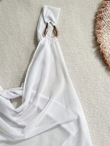 Swim Basics Áo khoác ngoài bikini mùa hè mới 2026 dành cho nữ, màu trắng trơn, chất liệu lưới, khóa kim loại trang trí, cổ khoét sâu, không tay, dáng rộng, gợi cảm. - trắng - Xem 10