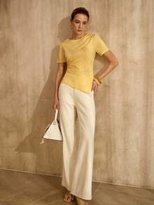 MOTF PREMIUM COTTON ASYMMETRIC HEM RUCHED BOAT NECK SHORT SLEEVE T-SHIRT, SPRING/SUMMER - Light Yellow - View 8