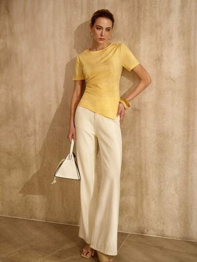 MOTF PREMIUM CAMISETA DE MANGA CORTA CON CUELLO DE BARCO, DOBLADILLO ASIMÉTRICO FRUNCIDO DE ALGODÓN, PRIMAVERA/VERANO