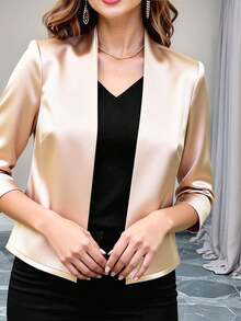 Elenzga Fashionable Casual French Retro Elegant Commuter Short Sleeve Stand Collar Blazer - Apricot - View 5