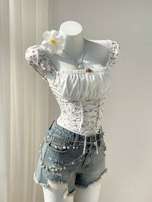 Elamini 女士甜美休闲日常百搭时尚碎花撞色系带短袖露脐上衣，适合外出、通勤和聚会 - 彩色 - 查看 6