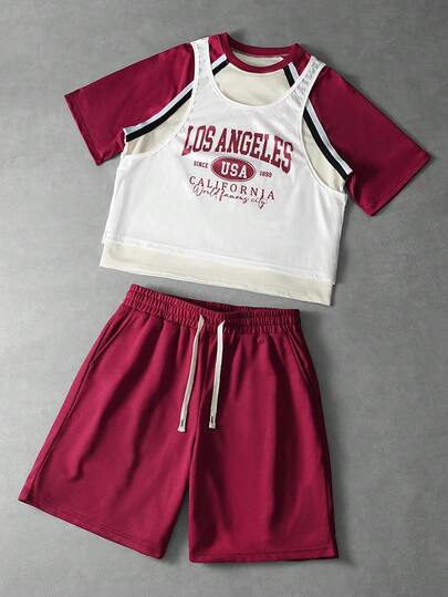 PAVTROS Men's Round Neck Short Sleeve T-Shirt, Letter Print Tank Top, And Drawstring Waist Shorts Casual Daily Outfit Set, Valentine's Day,Spring To Summer,Y2k,Mardi Gras,Vintage,Streetwear,Party,St Patrick's Day,Going Out,Street Style Three-Piece Set: Vest With Raglan Sleeves, Loose Cropped T-Shirt, And Shorts.