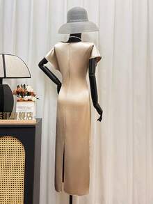 GlowEve 女士优雅系带中长连衣裙，适合派对穿着 - 杏色 - 查看 2