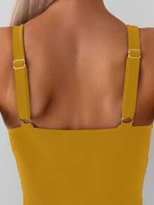 Swim Basics 女士纯色深V领褶皱交叉连体泳衣，适合海滩度假 - 金色 - 查看 4