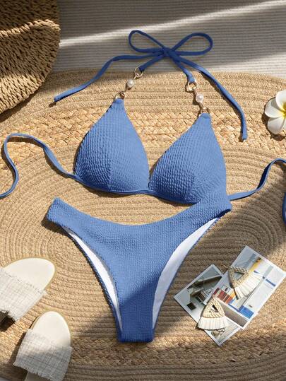 Swim Mod 女士性感露背打结装饰珍珠链吊带比基尼套装，适合海滩和度假