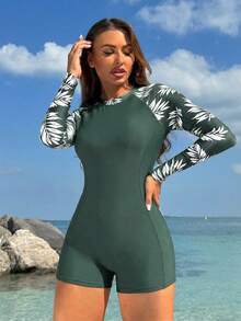 Swim SPRTY Women's Beach Vacation Style Patchwork Tropical Print Raglan Sleeve One-Piece Swimsuit - Army Green - View 3