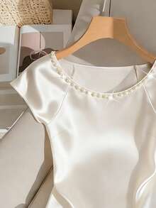 GlowEve Women's Knitted Elastic Satin Glossy Scoop Neck Raglan Sleeve Hooded Waist Fitted Studded Luxurious Elegant Casual T-Shirt - White - View 3