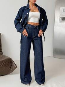 SHEIN Denim Woman Two Pieces Set High Waist Denim Jean And Denim Belted Jacket - Dark Wash - View 5