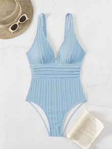 Swim Basics 女士纯色V领休闲度假沙滩泳池连体泳衣 - 藍色 - 查看 7