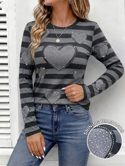 EMERY ROSE Women's Romantic Heart Print Long Sleeve Top, Sparkling Diamond T-Shirt