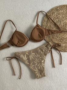 Swim Vcay 2026春夏棕色网格钢圈文胸支撑细肩带可调节侧边高开衩系带丁字裤比基尼套装，露背设计，适合海滩摄影，女士泳装，度假风 - 棕色 - 查看 2