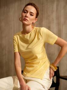 MOTF PREMIUM COTTON ASYMMETRIC HEM RUCHED BOAT NECK SHORT SLEEVE T-SHIRT, SPRING/SUMMER - Light Yellow - View 4
