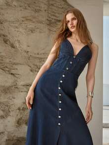 MOTF PREMIUM DENIM FOLD PLEATED BUST SLIP DRESS, SPRING/SUMMER - Dark Wash - View 4