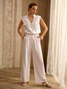 MOTF PREMIUM WOMEN'S WHITE SLEEVELESS LOOSE ZIP ELASTIC WAIST ELEGANT COMMUTER BLAZER - White - View 7