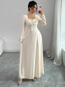 Modelyn Women's Apricot Elegant Knitted Pearl Collar Belted A-Line Long Sleeve Dress - Apricot - View 6