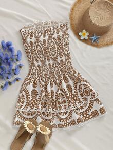 Elamini Navy Blue Strapless Dress With Ruched Waist, Hollow Embroidery, Ruffle Hem, Bohemian Style, Versatile A-Line Short Dress - Multicolor - View 2