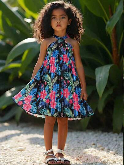 SHEIN 少女热带花卉印花交叉露背吊带连衣裙，时尚海滩度假风，夏季