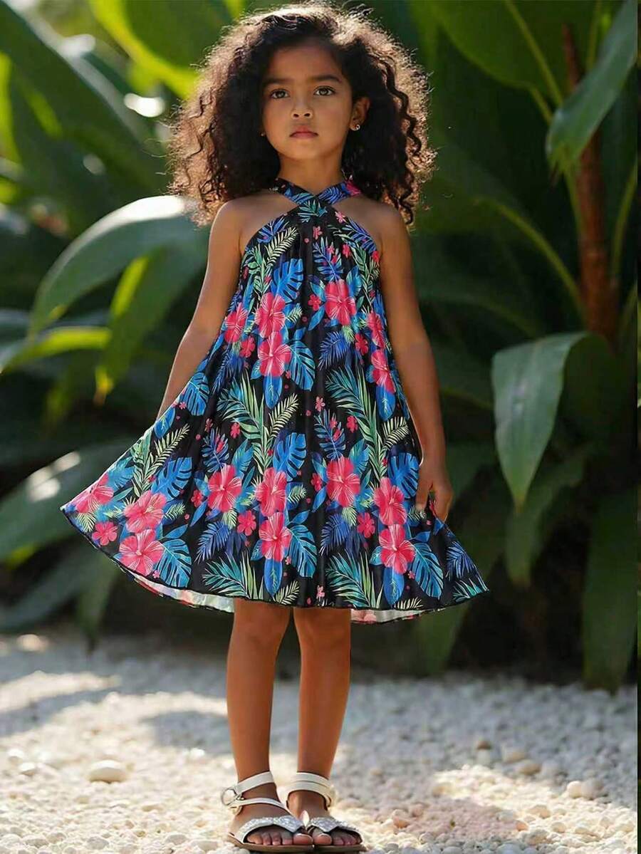 SHEIN 少女热带花卉印花交叉露背吊带连衣裙，时尚海滩度假风，夏季 - 黑色 - 查看 1