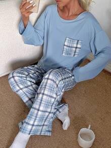 Dream Adore Women's Casual Loose Plaid Print Round Neck Pajama Set - Multicolor - View 5