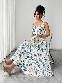 Elenzga 大码女式新款优雅休闲百搭印花方领连衣裙，春夏款 - 白色 - 查看 7