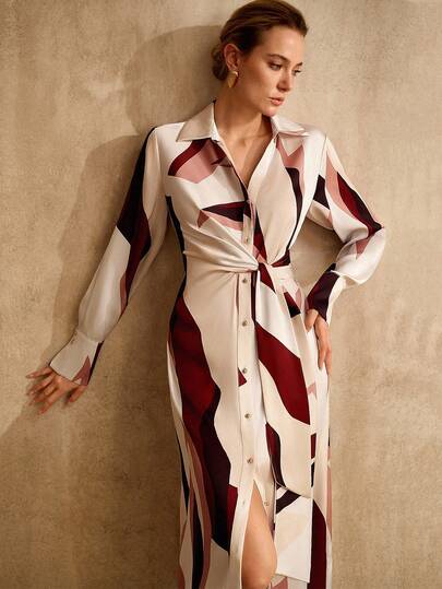 MOTF PREMIUM GEOMETRIC COLOR BLOCK PRINT LONG SLEEVE SHIRT DRESS, VINTAGE STYLE, SPRING/SUMMER