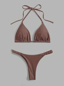 Swim Mod 纯色挂脖系带开衩比基尼套装 - 棕色 - 查看 1