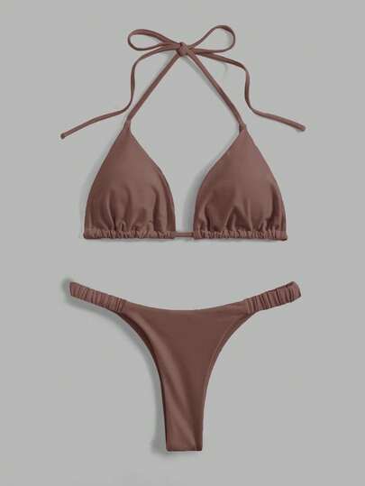 Swim Mod Solid Color Halter Tie Back Split Bikini Set,2026 New Women's Swimwear ArrivalFor School,Suitable For Holiday, Date, Afternoon Tea, Western, Cruise, Beach, Island, Road Trip, All Seasons, Music Festival, Boho Vacation,Bohemian Vacation, Chill Autumn ,Western Boho ,Elegant Tops For Women