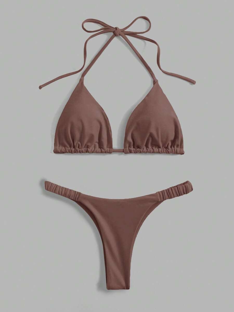 Swim Mod 纯色挂脖系带开衩比基尼套装 - 棕色 - 查看 1