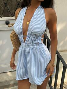 Sunnyshic Women's Blue Striped Deep V-Neck Ruched Halter Backless Sexy Romper, Fashionable & Chic European Style For Summer Vacation - Blue - View 6