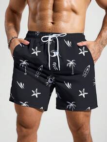 Manfinity Swimmode Quần short nam in hình sao biển và cây dừa, cạp chun có túi, kiểu dáng thường ngày, đa năng, thích hợp đi biển. - màu đen - Xem 5