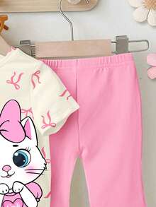 SHEIN 一套女婴休闲可爱蝴蝶结卡通猫印花圆领短袖T恤和喇叭裤套装，粉色 - 彩色 - 查看 5