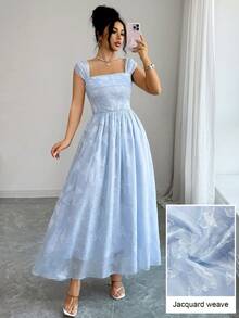 Modelyn 夏季法式浪漫高端提花无袖吊带束腰喇叭优雅连衣裙，女士款 - 藍色 - 查看 11