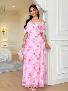 Celure 大码女士优雅玫瑰花卉露肩蕾丝网纱公主风连衣裙，适合情人节穿着 - 粉色 - 查看 7