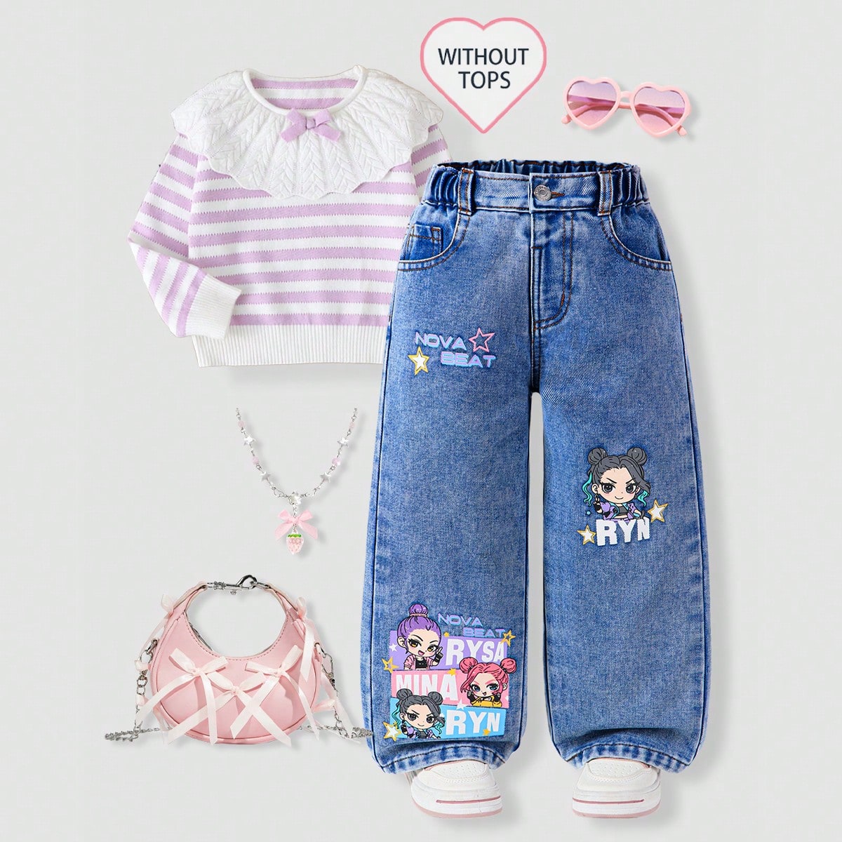 Un par de pantalones vaqueros de pierna ancha con estampado de dibujos animados, de estilo primavera/otoño 2026, para niñas. Pantalones rectos y sue