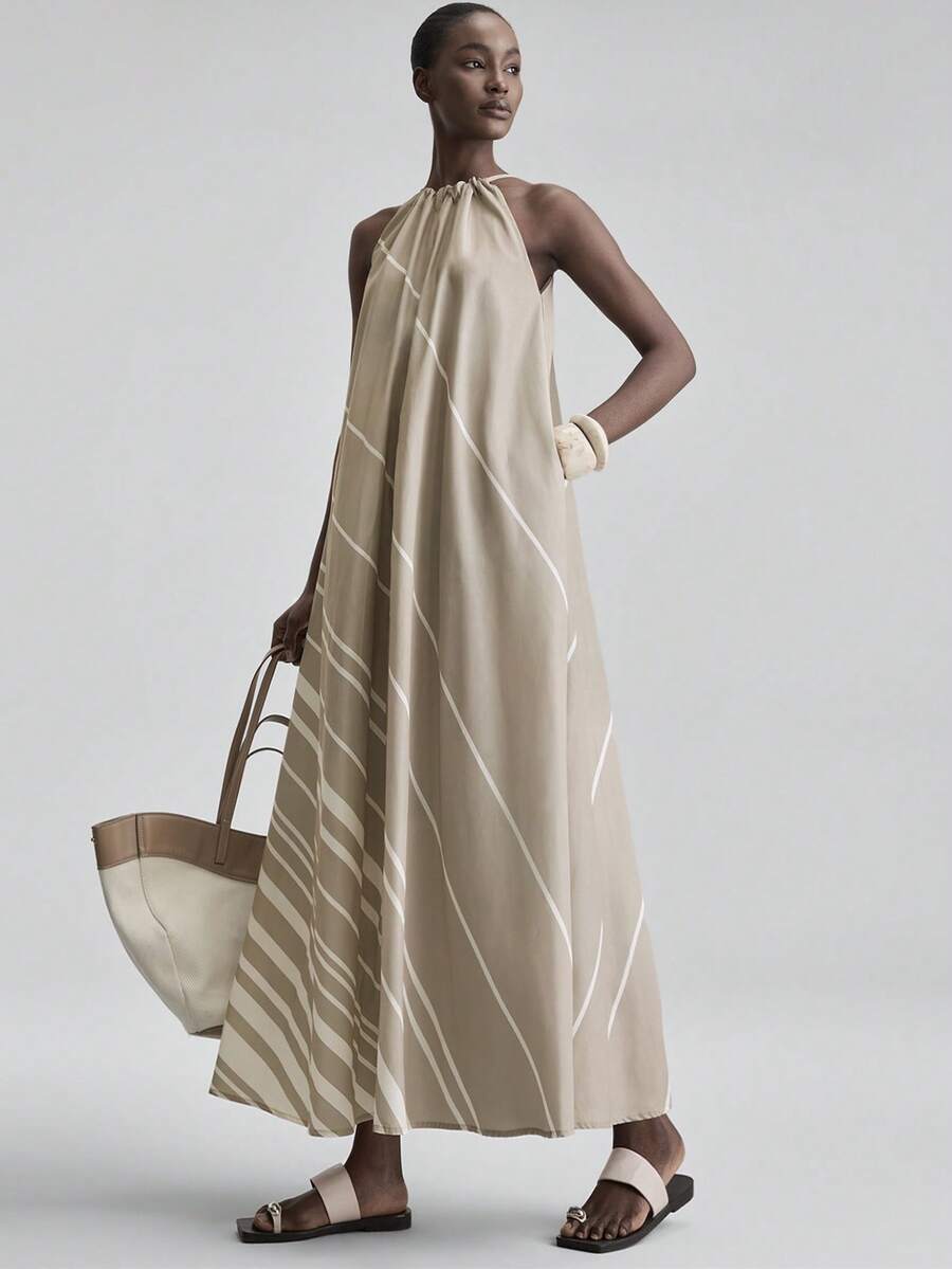 Ontre 2026 Spring/Summer New Women's Long Dress, Comfortable Soft Woven Fabric, Sleeveless Loose Fit Striped Dress, Modern Urban Chic Business Casual Office Wear, Low-Key Elegant High-Quality Airport/Cruise Ship Outfit, Versatile Formal/Holiday Dress,Summer Dresses For Women - Dusty Purple - View 1