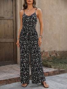 SHEIN LUNE 女士休闲碎花无袖连体裤，适合夏季度假 - 黑色 - 查看 3