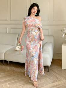 Modelyn 女士褶皱腰身修身斜肩印花连衣裙，春夏款 - 彩色 - 查看 6