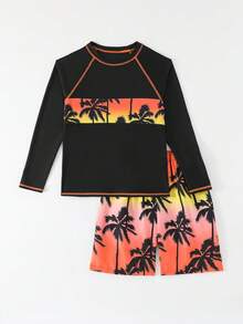 男童两件套泳衣，日落橙渐变棕榈树印花搭配黑色棕榈树印花，适合度假、夏季、海滩、泳池、节日派对、休闲泳裤 - 彩色 - 查看 7