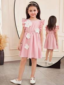 SHEIN Đầm dệt màu trơn thanh lịch cho bé gái, kiểu dáng ôm sát, họa tiết hoa, tay bồng, viền bèo, chất liệu vải dệt, thích hợp cho phong cách thường ngày/nghỉ dưỡng. - Hồng - Xem 5