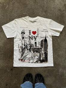 Manfinity Dauomo T-shirt confortable à col rond à manches courtes avec motif rétro pour hommes, avec le slogan emblématique "I Love NY" et l'impression de la Statue de la Liberté, convient pour un port quotidien - Blanc - Voir 1