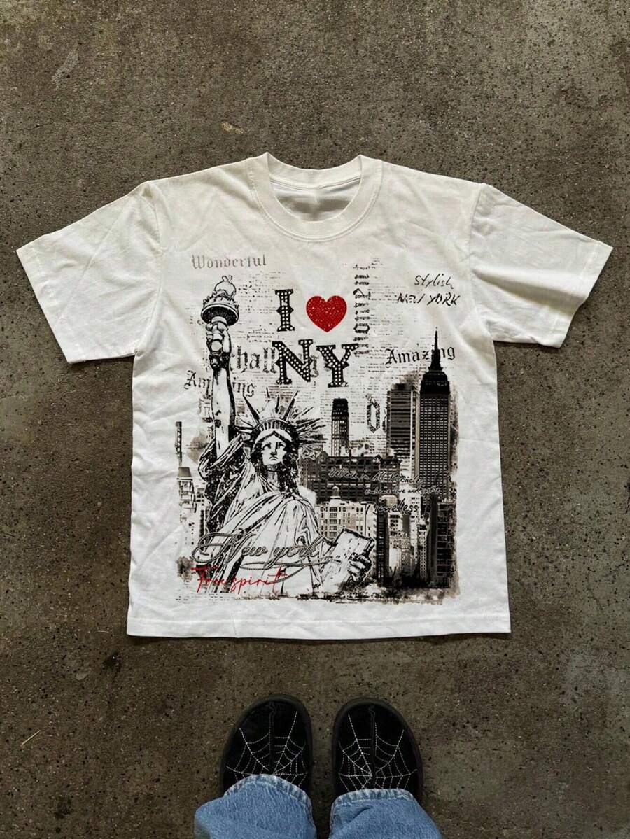Manfinity Dauomo T-shirt confortable à col rond à manches courtes avec motif rétro pour hommes, avec le slogan emblématique "I Love NY" et l'impression de la Statue de la Liberté, convient pour un port quotidien - Blanc - Voir 1