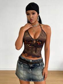 Slouenne Slouenne Spring/Summer New Sexy Tank Tops: Featuring Curves, Snake Print, Zebra Print, Animal Print Patchwork, Abstract Pattern Prints, Halter Neck, Tie-Up Design, Open Back, Street Style, Versatile And Suitable For Various Occasions. - Brown - View 6